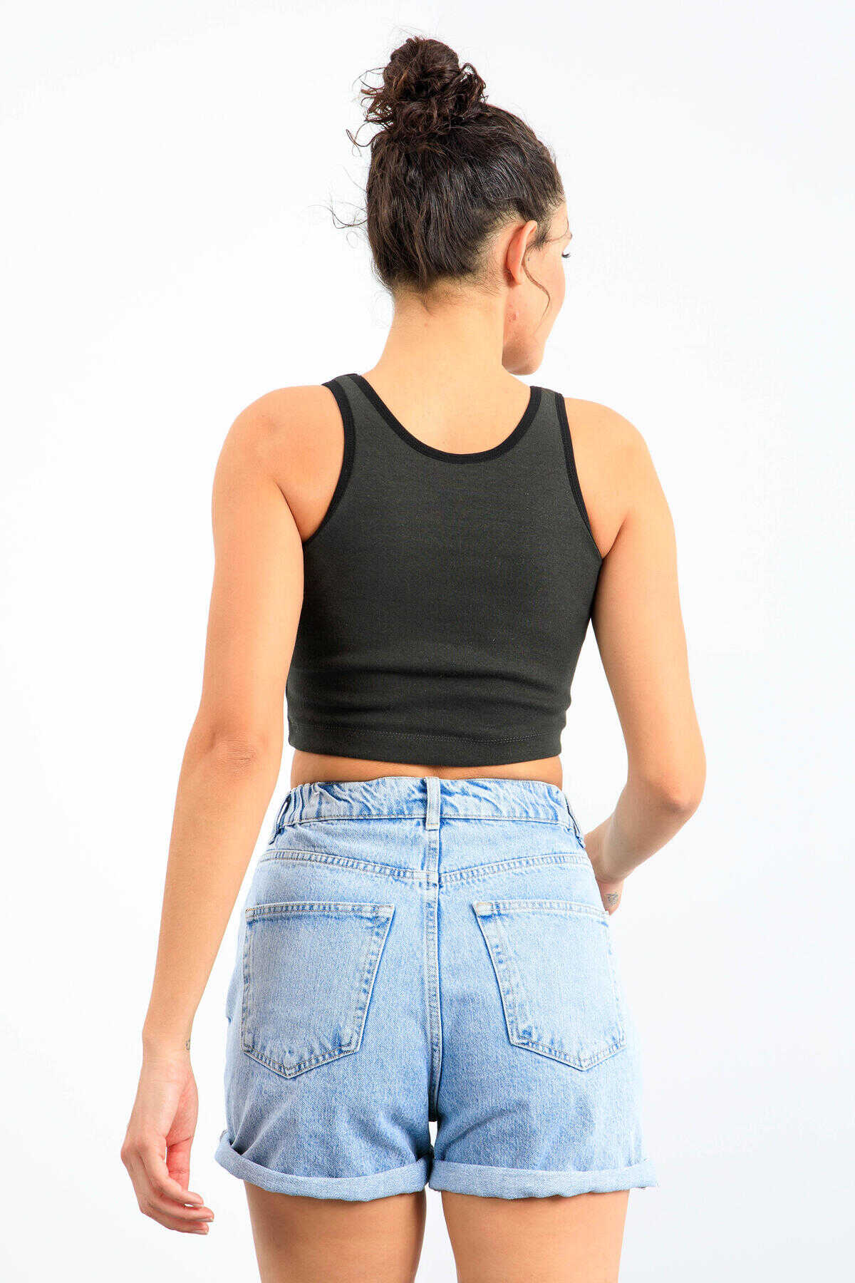 Tommylife Toptan Haki Basic Sıfır Kol Dar Kalıp U Yaka Kadın Crop Top Atlet - 97162