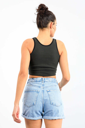 Tommylife Toptan Haki Basic Sıfır Kol Dar Kalıp U Yaka Kadın Crop Top Atlet - 97162