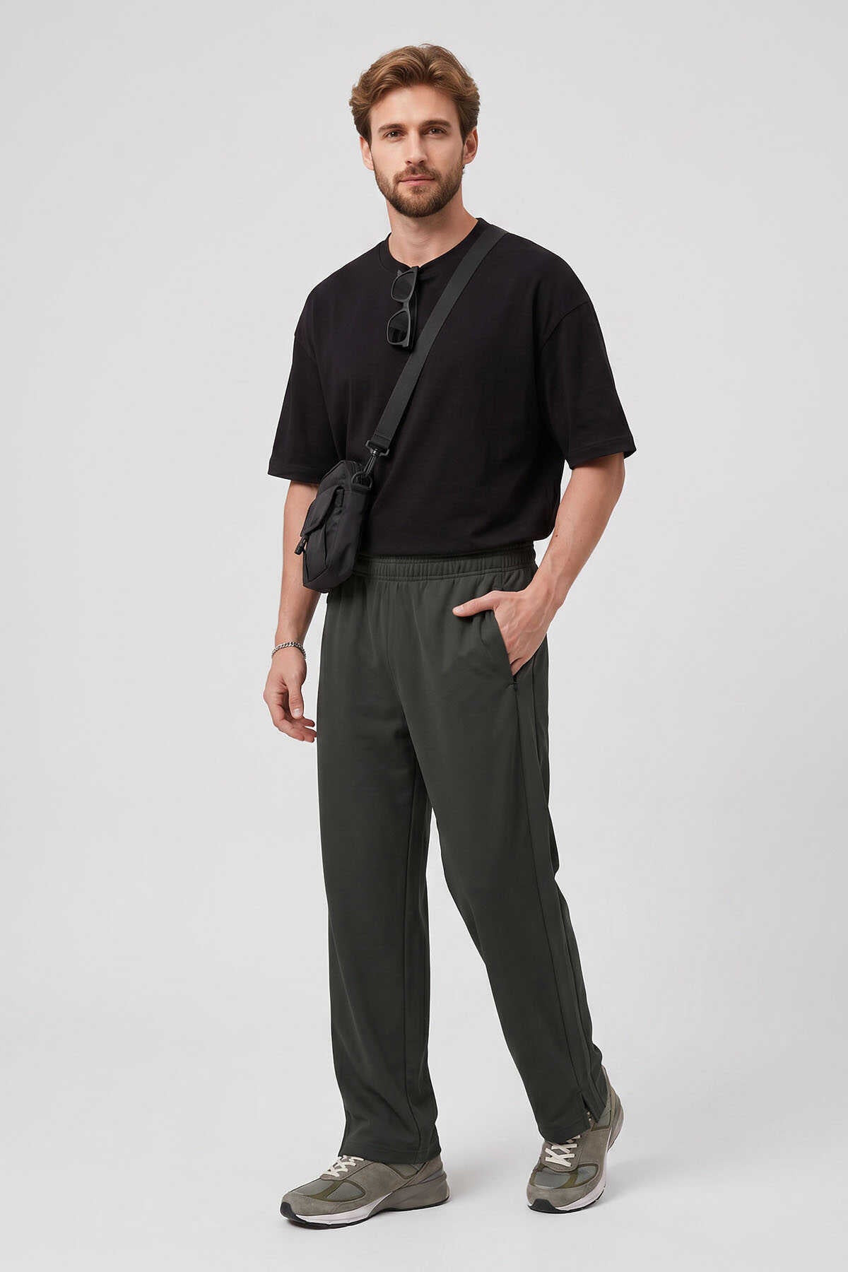 Pantaloni de trening palazzo pentru bărbați, kaki, cu curea, croială confortabilă, Tommylife, en-gros - 82196