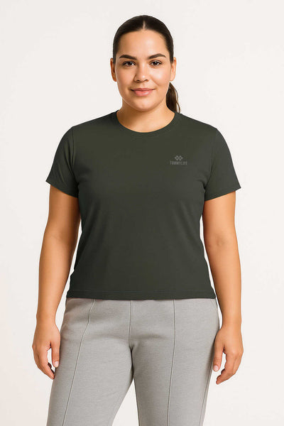 Tommylife Toptan Haki O Yaka Basic Battal Büyük Beden Kadın T-Shirt - 97308