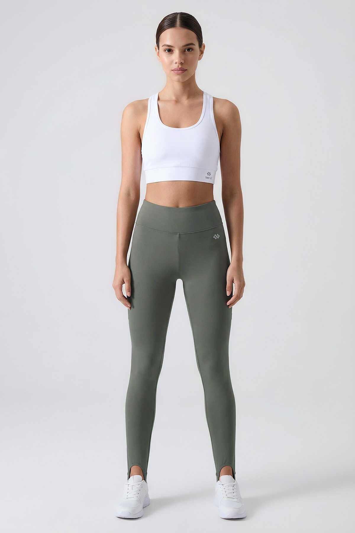 Tommylife Wholesale Khaki Standard Fit Flexible Sports Performance Women's Heel Leggings - 94685