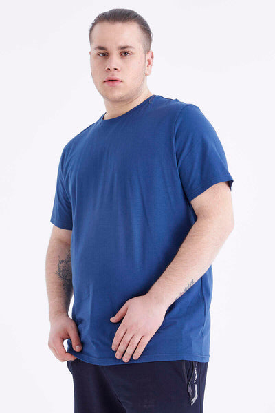 Tommylife Toptan İndigo Basic Kısa Kol O Yaka Büyük Beden Erkek T-Shirt - 88072