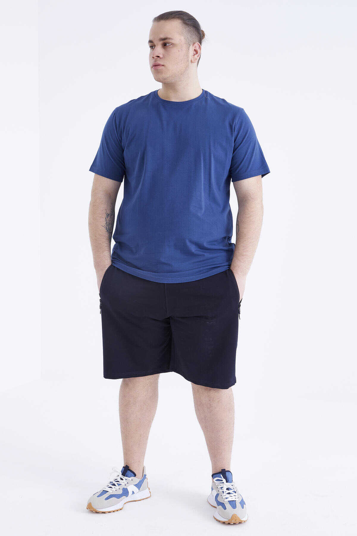 Tommylife Toptan İndigo Basic Kısa Kol O Yaka Büyük Beden Erkek T-Shirt - 88072