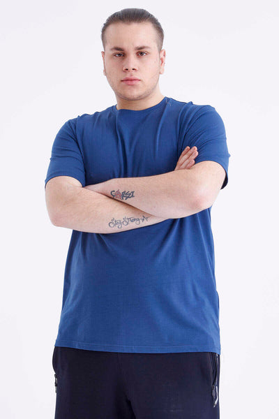Tommylife Toptan İndigo Basic Kısa Kol O Yaka Büyük Beden Erkek T-Shirt - 88072