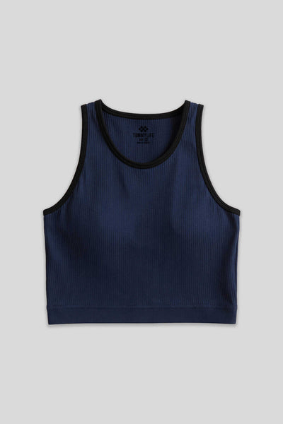 Tommylife Toptan İndigo Basic Sıfır Kol Dar Kalıp U Yaka Kadın Crop Top Atlet - 97162