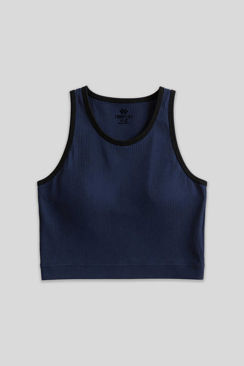 Tommylife Toptan İndigo Basic Sıfır Kol Dar Kalıp U Yaka Kadın Crop Top Atlet - 97162