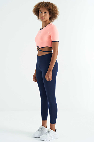 Tommylife Toptan İndigo Logo Baskı Detaylı Yüksek Bel Dalgıç Kumaş Slim Fit Kadın Tayt - 94627