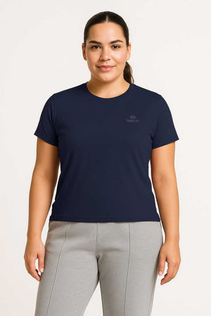 Tommylife Toptan İndigo O Yaka Basic Battal Büyük Beden Kadın T-Shirt - 97308