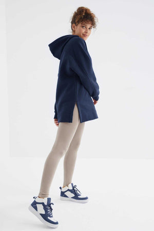Tommylife Toptan İndigo Reglan Kol Basic Kapüşonlu Oversize Tunik - 97242