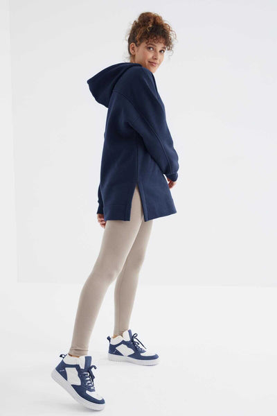 Tommylife Toptan İndigo Reglan Kol Basic Kapüşonlu Oversize Tunik - 97242
