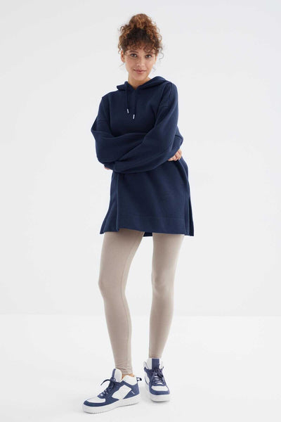 Tommylife Wholesale Indigo Raglan Sleeve Basic Hooded Oversize Tunic - 97242