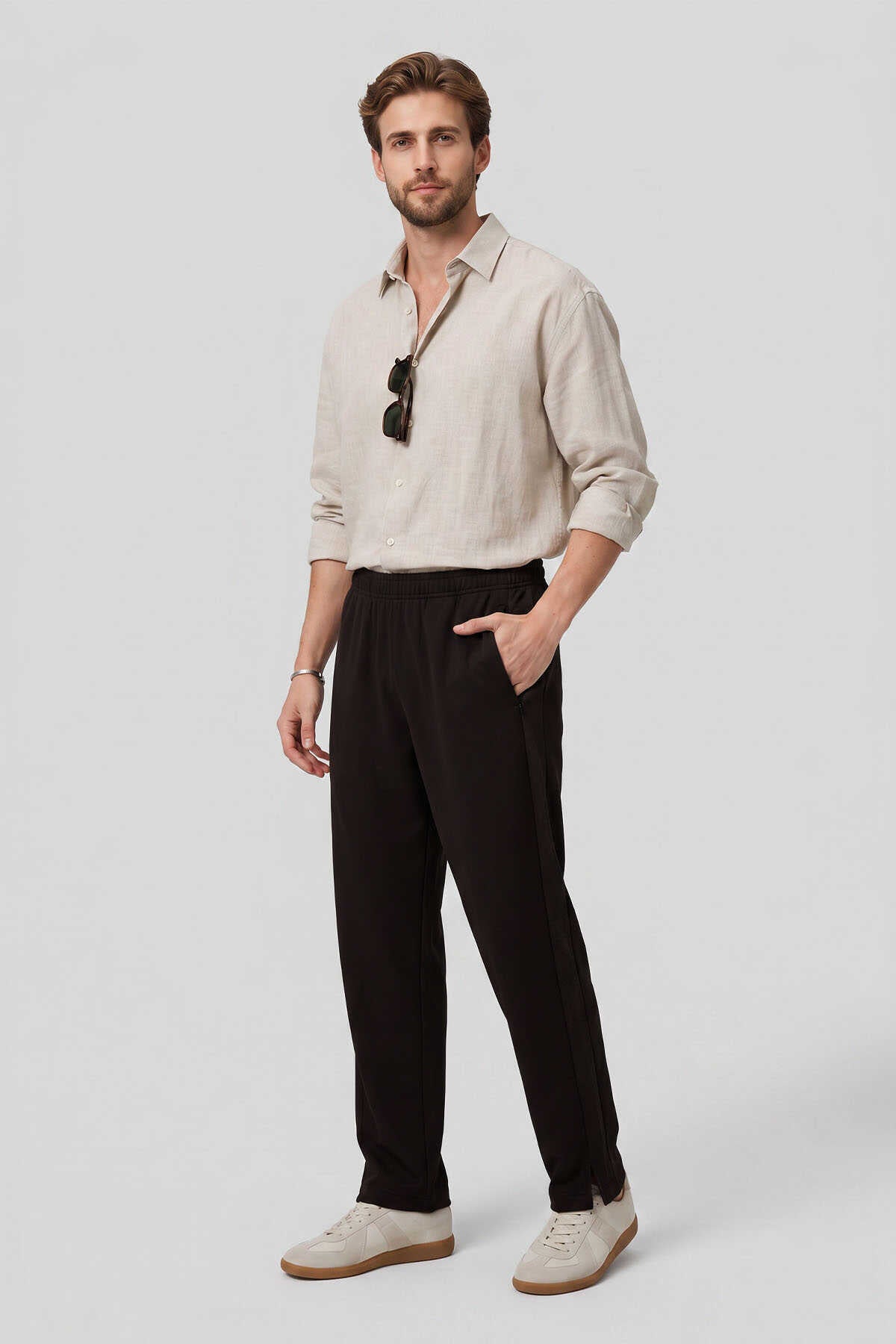 Pantaloni de trening palazzo pentru bărbați, maro, cu curea, croială confortabilă, Tommylife Wholesale - 82196