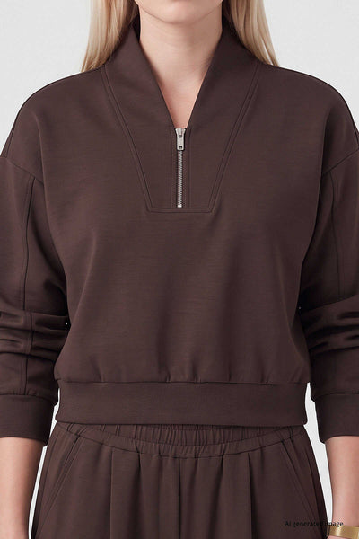 Tommylife Toptan Kahverengi Standart Kalıp Crop Geniş Paça Kadın Eşofman Takım - 95359