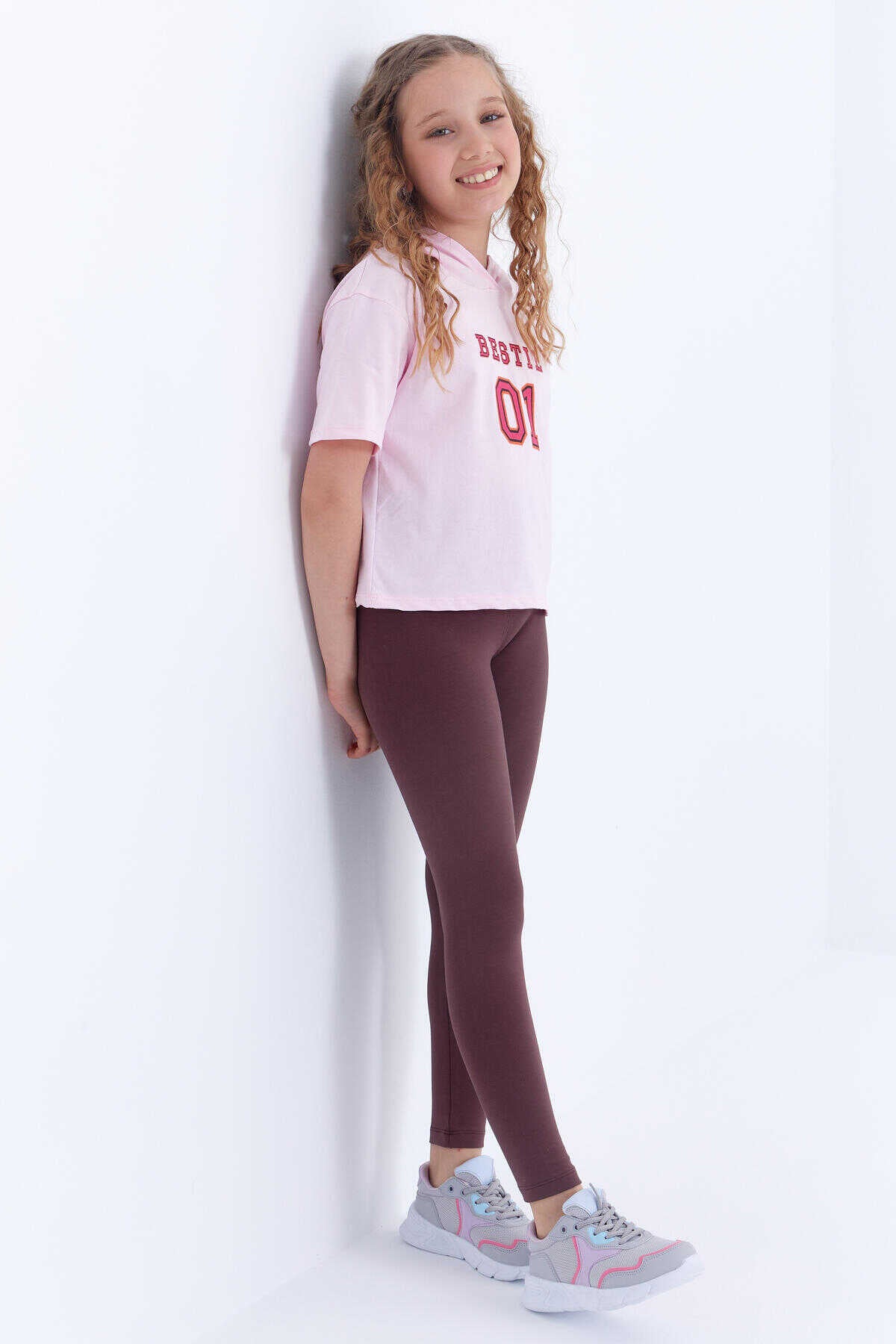 Colanți Tommylife maro cu talie înaltă, croială slim, pentru fete, en-gros - 75047