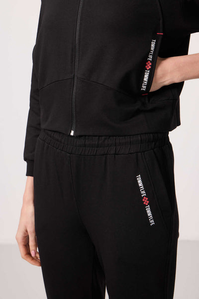 Tommylife Toptan Kapüşonlu Fermuarlı Oversize Kadın Eşofman Takım - 95328 Siyah