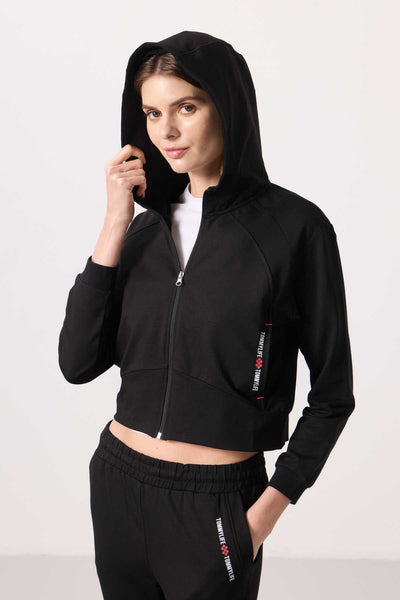 Tommylife Toptan Kapüşonlu Fermuarlı Oversize Kadın Eşofman Takım - 95328 Siyah