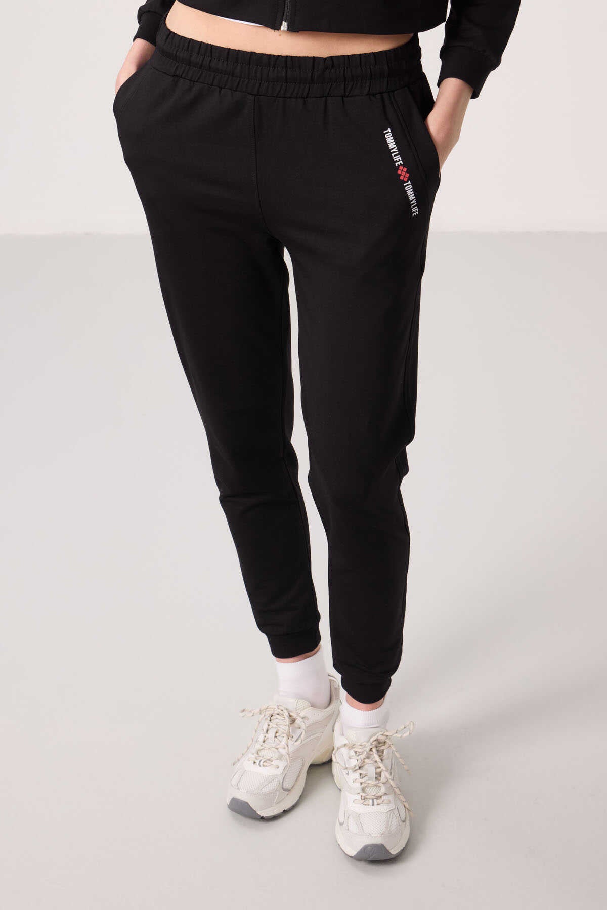 Tommylife Toptan Kapüşonlu Fermuarlı Oversize Kadın Eşofman Takım - 95328 Siyah