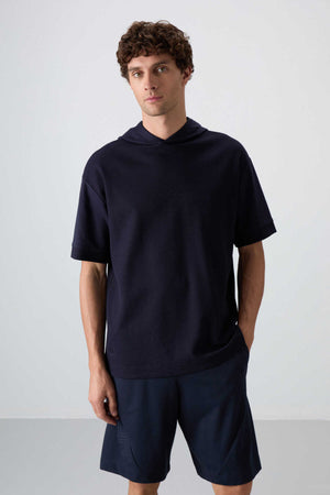 Tommylife Toptan Kapüşonlu Oversize Basic Erkek T-Shirt 88335 Lacivert