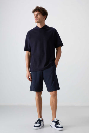 Tommylife Toptan Kapüşonlu Oversize Basic Erkek T-Shirt 88335 Lacivert
