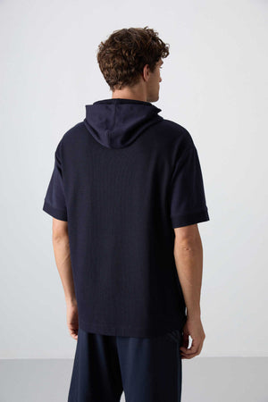 Tommylife Toptan Kapüşonlu Oversize Basic Erkek T-Shirt 88335 Lacivert