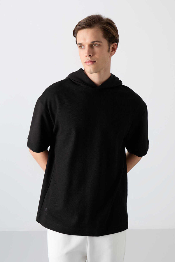 Tommylife Toptan Kapüşonlu Oversize Basic Erkek T-Shirt 88335 Siyah