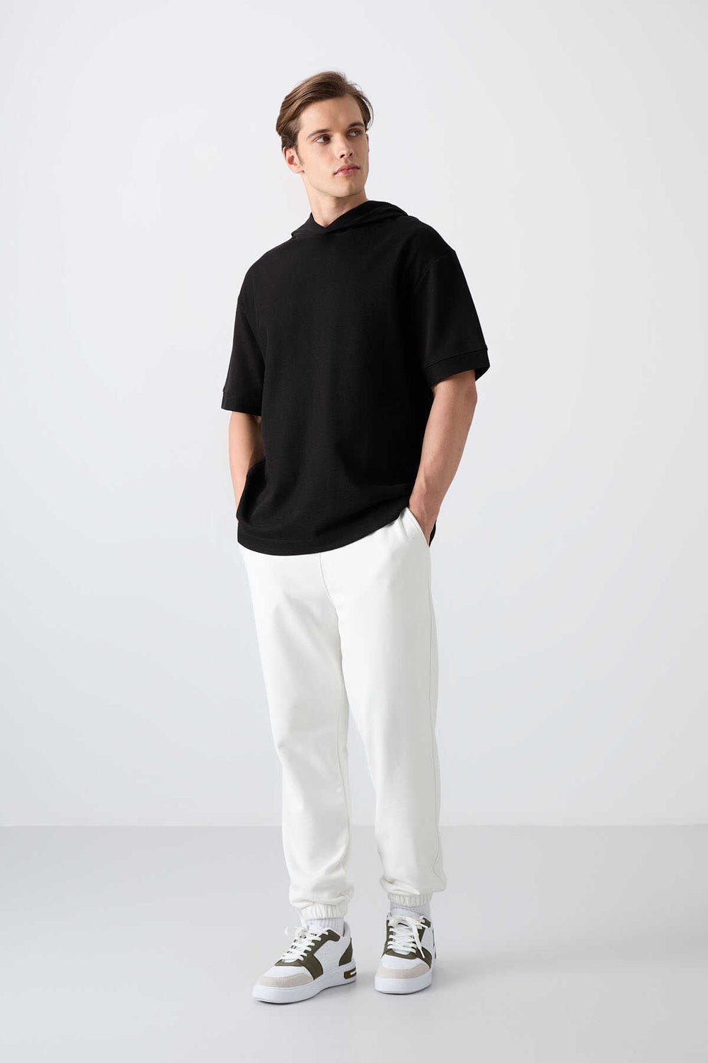 Tommylife Toptan Kapüşonlu Oversize Basic Erkek T-Shirt 88335 Siyah