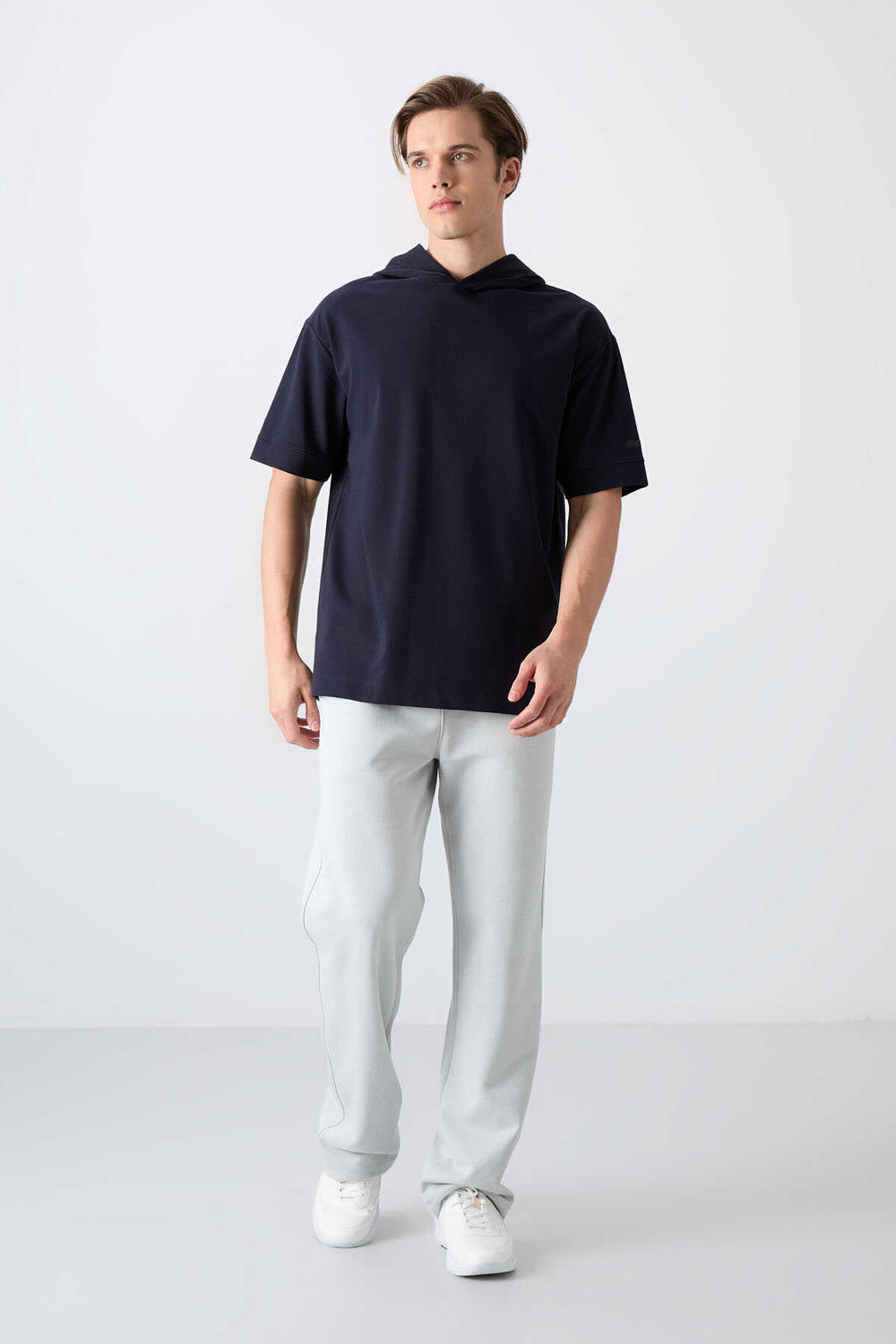 Tommylife Toptan Kapüşonlu Oversize Basic Erkek T-Shirt 88352 Lacivert