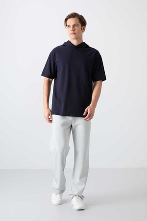 Tommylife Toptan Kapüşonlu Oversize Basic Erkek T-Shirt 88352 Lacivert