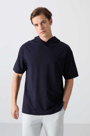 Tommylife Toptan Kapüşonlu Oversize Basic Erkek T-Shirt 88352 Lacivert