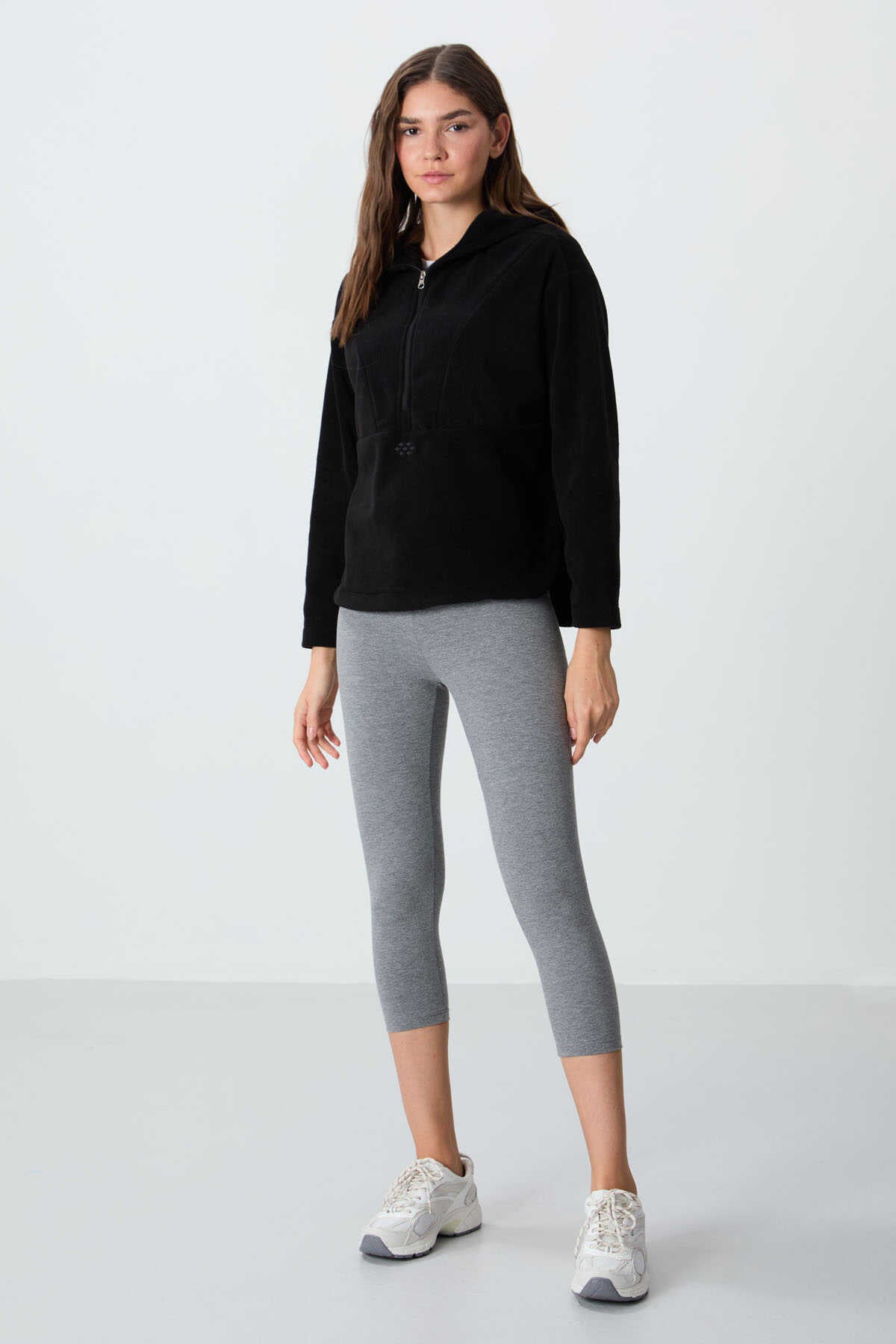Tommylife Toptan Kapüşonlu Oversize Kadın Polar Sweatshirt 97286 Siyah