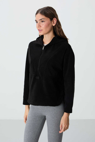 Tommylife Toptan Kapüşonlu Oversize Kadın Polar Sweatshirt 97286 Siyah