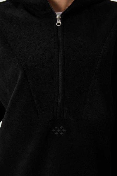 Tommylife Toptan Kapüşonlu Oversize Kadın Polar Sweatshirt 97286 Siyah