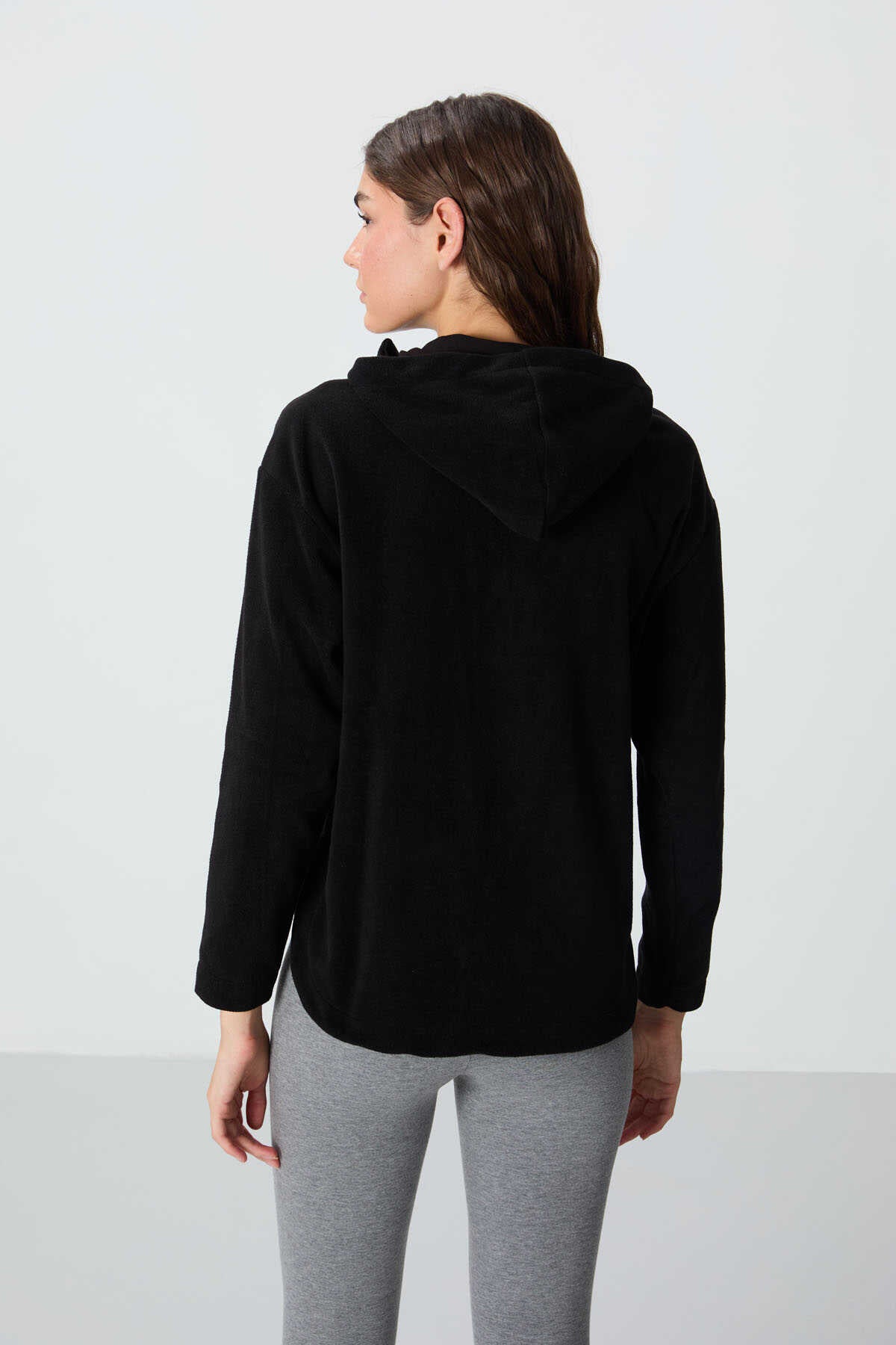 Tommylife Toptan Kapüşonlu Oversize Kadın Polar Sweatshirt 97286 Siyah