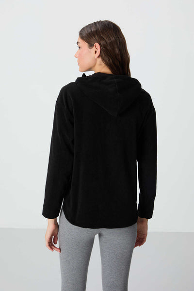 Tommylife Toptan Kapüşonlu Oversize Kadın Polar Sweatshirt 97286 Siyah