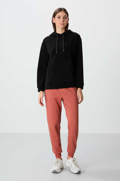 Tommylife Toptan Kapüşonlu Oversize Kadın Polar Sweatshirt 97292 Siyah