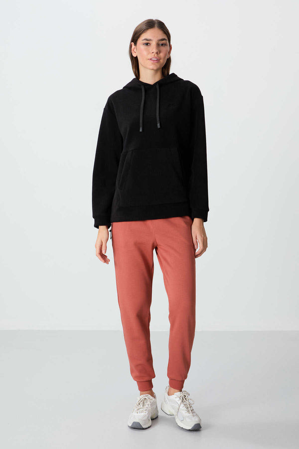 Tommylife Toptan Kapüşonlu Oversize Kadın Polar Sweatshirt 97292 Siyah