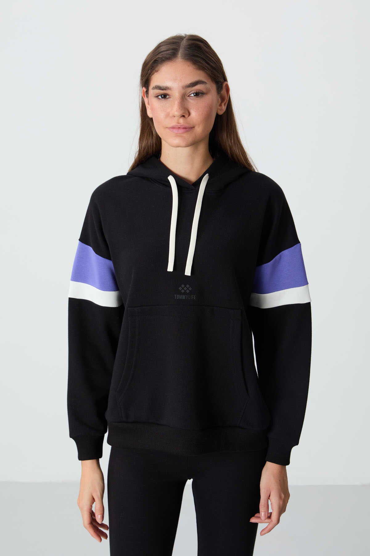 Tommylife Toptan Kapüşonlu Oversize Kadın Sweatshirt 97290 Siyah