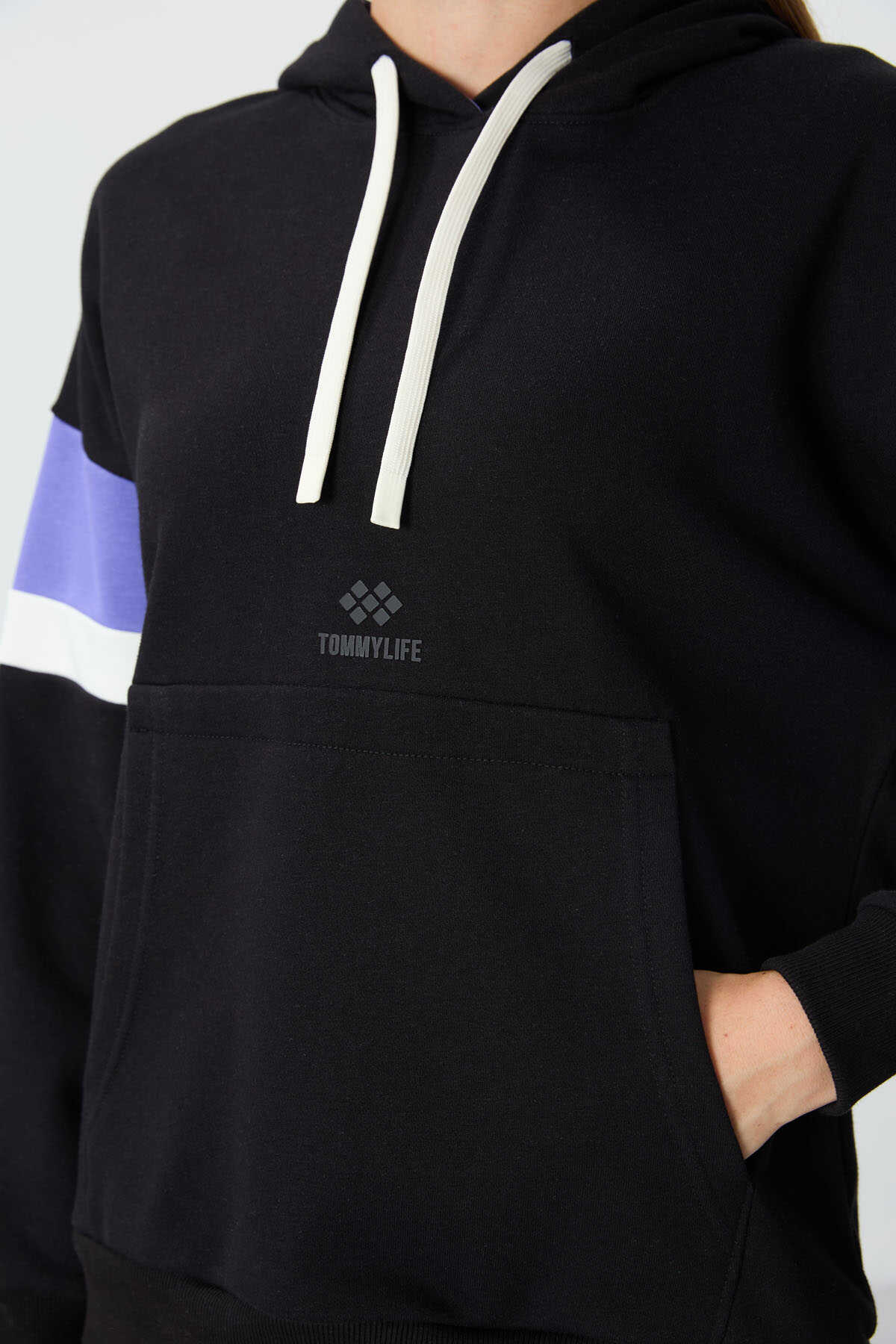 Tommylife Toptan Kapüşonlu Oversize Kadın Sweatshirt 97290 Siyah