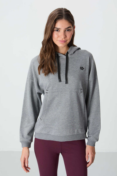 Tommylife Toptan Kapüşonlu Oversize Kadın Sweatshirt 97291 Gri Melanj