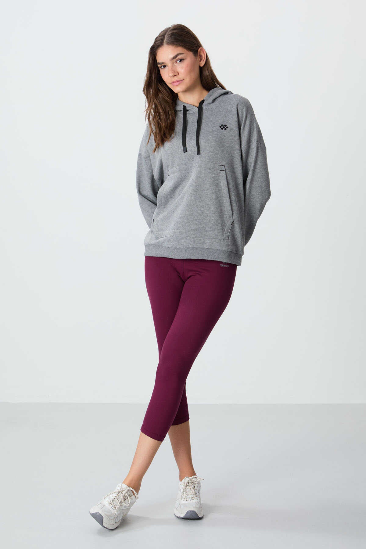 Tommylife Toptan Kapüşonlu Oversize Kadın Sweatshirt 97291 Gri Melanj