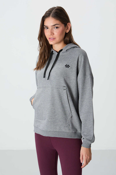 Tommylife Toptan Kapüşonlu Oversize Kadın Sweatshirt 97291 Gri Melanj