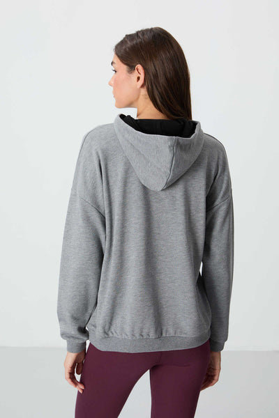 Tommylife Toptan Kapüşonlu Oversize Kadın Sweatshirt 97291 Gri Melanj