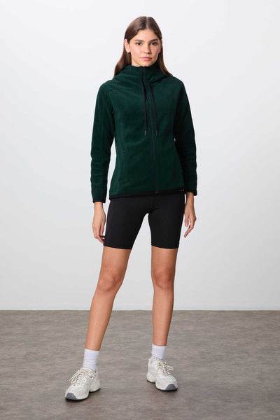 Tommylife Toptan Kapüşonlu Standart Kalıp Fermuarlı Kadın Polar Sweatshirt 97287 Çam Yeşili