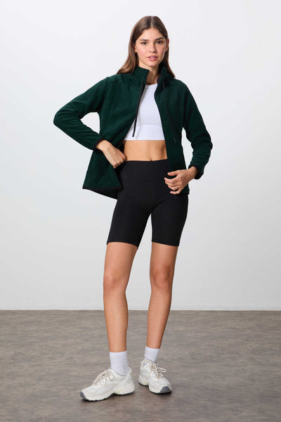 Tommylife Toptan Kapüşonlu Standart Kalıp Fermuarlı Kadın Polar Sweatshirt 97287 Çam Yeşili