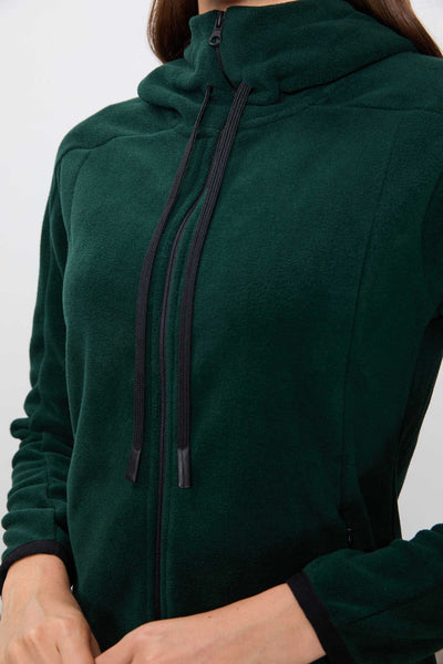 Tommylife Toptan Kapüşonlu Standart Kalıp Fermuarlı Kadın Polar Sweatshirt 97287 Çam Yeşili
