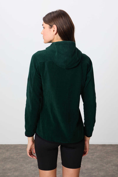 Tommylife Toptan Kapüşonlu Standart Kalıp Fermuarlı Kadın Polar Sweatshirt 97287 Çam Yeşili