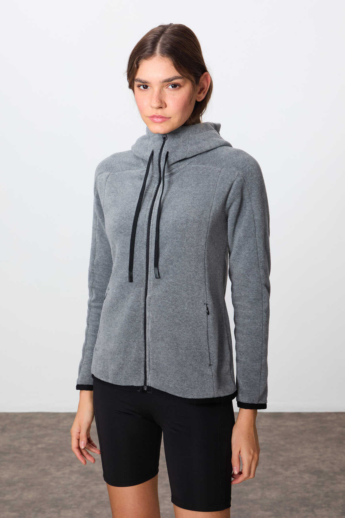 Tommylife Toptan Kapüşonlu Standart Kalıp Fermuarlı Kadın Polar Sweatshirt 97287 Gri Melanj