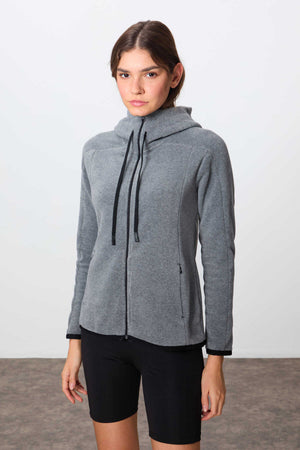 Tommylife Toptan Kapüşonlu Standart Kalıp Fermuarlı Kadın Polar Sweatshirt 97287 Gri Melanj