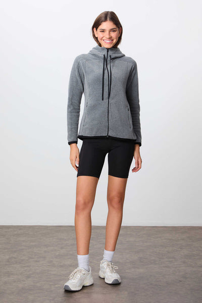 Tommylife Toptan Kapüşonlu Standart Kalıp Fermuarlı Kadın Polar Sweatshirt 97287 Gri Melanj