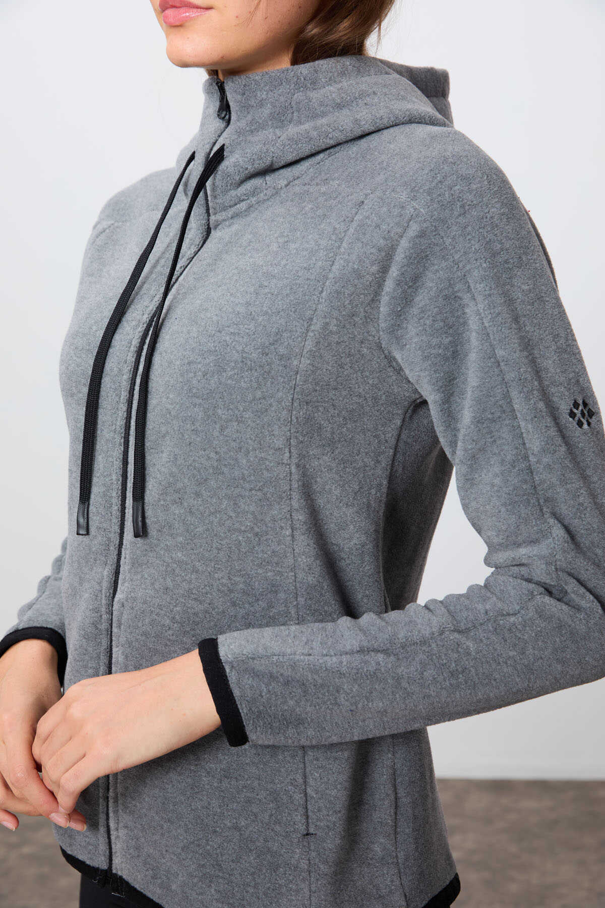 Tommylife Toptan Kapüşonlu Standart Kalıp Fermuarlı Kadın Polar Sweatshirt 97287 Gri Melanj